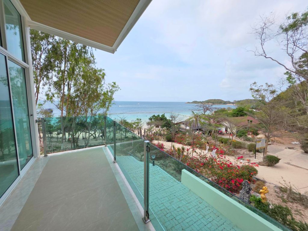 Breathtaking ocean view from the private terrace of the Sea View Room at Ta Yai Beach Resort, Koh Larn